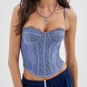 Out From Under Urban Outfitters Lace Overlay Blue Corset‎ Top Underwire Size SP